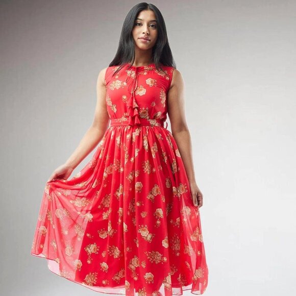 Red Printed Chiffon Knee-Length Dress | Muvvas Boutique - Picture 3 of 5